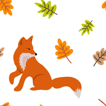 Doodle seamless pattern with fox isolated on white. Vector stock illustration. EPS 10のイラスト素材