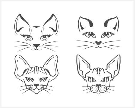 Doodle cat set icon isolated on white. Outline hand drawing art line. Sketch logo animal. Vector stock illustration. EPS 10のイラスト素材