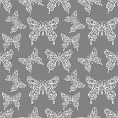 Doodle butterfly seamless pattern. Hand drawing line art. Sketch animal. Vector stock illustration.のイラスト素材
