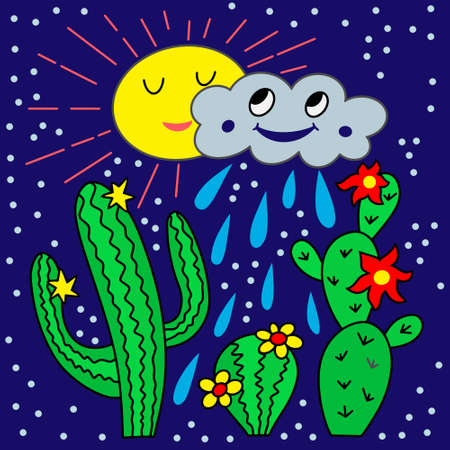 Cartoon card with cactus, sun and rain. Vector stock illustration. EPS 10のイラスト素材