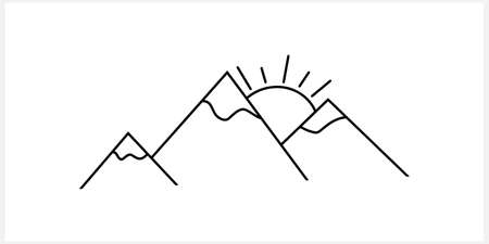 Doodle mountain with sun icon isolated. Hand drawing line art.のイラスト素材