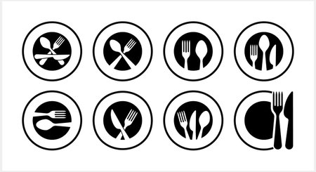 Stencil cutlery fork spoon knife plate icon isolated Food clipart Vector stock illustrationのイラスト素材