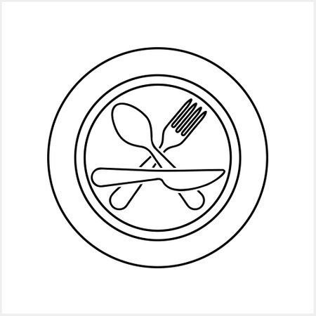 Outline cutlery fork spoon knife plate icon isolated Food clipart Vector stock illustrationのイラスト素材