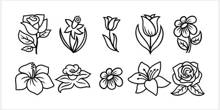 Outline narcissus and tulip isolated Doodle flowers set Hand drawing art line Flower collection Vector stock illustrationのイラスト素材