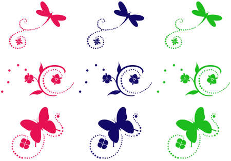 Three natural, flowers ornaments in various colorのイラスト素材