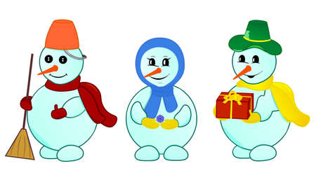 Cheerful snowmen family with gift. Object isolated, set vector illustrationのイラスト素材