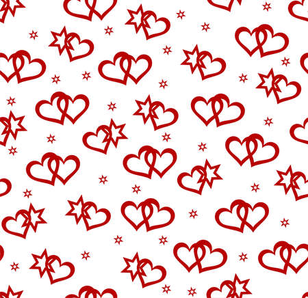 Red hearts and star elements on white background. Seamless vector illustrationのイラスト素材