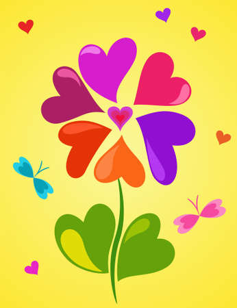 Cute floral composition of colorful hearts on yellow backgroundのイラスト素材