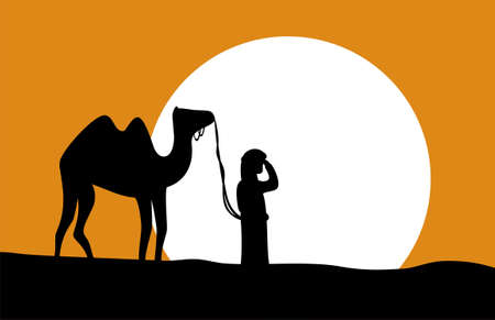 A solitary wayfarer with camel in the middle of the desert. Vector illustrationのイラスト素材