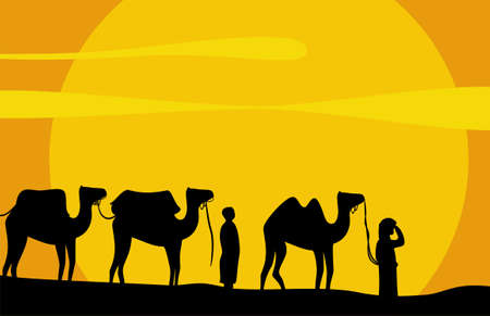Caravan of camels move on scorching sand of Desert. Vector backgroundのイラスト素材