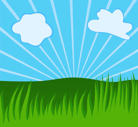 Summer background with grass, rays of sun, airy cloudsのイラスト素材