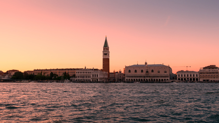 Venice panorama view at sunset from the sea.のeditorial素材