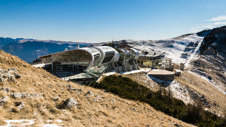 Mountain Station view of cableway Malcesine - Monte Baldo, one of the cable cars most modern and advanced in the world with its rotating cabins able to fully appreciate the unique view of the Monte Baldo and Lake Garda, Italyのeditorial素材