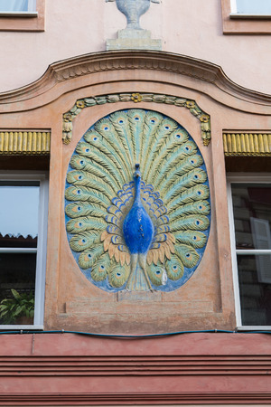 Colorful peacock sculpture adorns a historic building in Italy.の写真素材