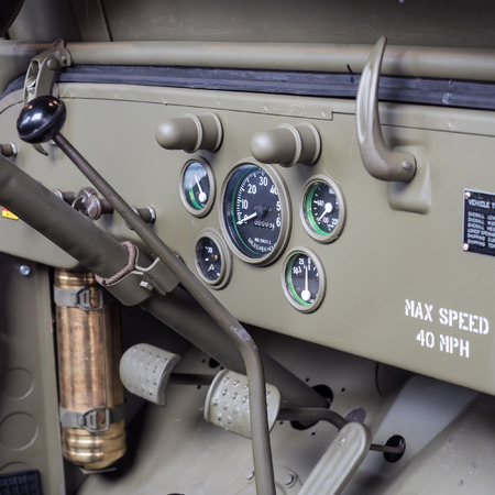 Dashboard detail of an old military jeep of World War II.のeditorial素材