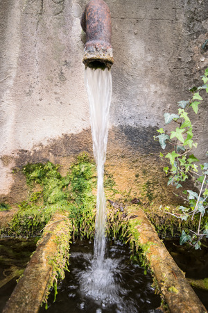 A trickle of water falls into a tub of old mossy stone.の写真素材