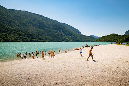 Molveno, Italy - July 10, 2015: Lake Molveno, elected most beautiful lake in Italy in 2015のeditorial素材
