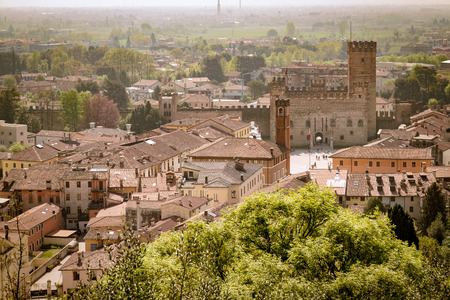 Panorama of the old town of Marostica with the lower castle that overlooks the famous Chess Square.のeditorial素材
