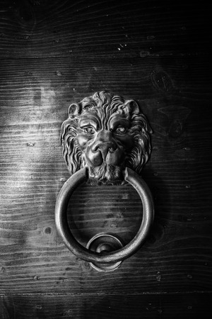 Antique door knocker shaped like a lion's head.の写真素材