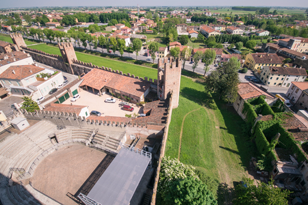 Aerial view of the walled city of Montagnana, one of the most beautiful villages in Italy.のeditorial素材