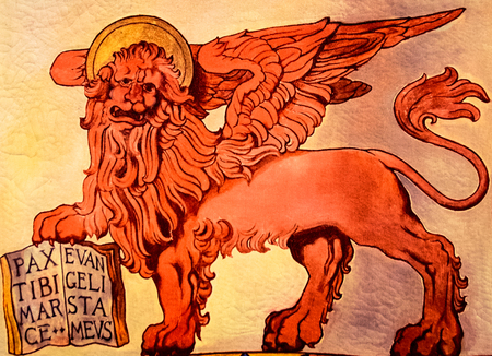 Banner representing the winged lion of St. Mark's Republic, Venice, Italy.のeditorial素材