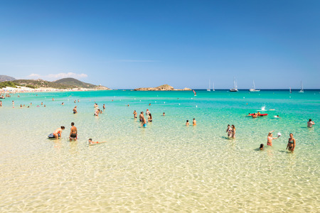 Chia, Italy - August 18, 2016: The wonderful beaches and crystal clear water of bay Chia, Sardinia, Italy.のeditorial素材