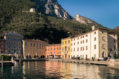 Riva del Garda, Italy - April 15, 2016: The town of Riva del Garda seen from the lake.のeditorial素材