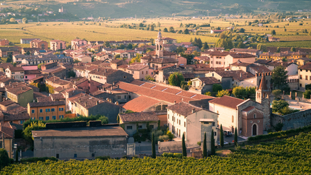 View of Soave (Italy) surrounded by vineyards that produce one of the most appreciated Italian white wines.の写真素材