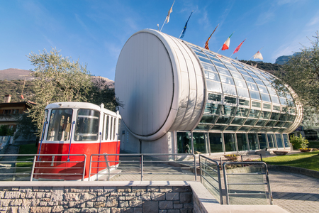 Malcesine, Italy - January 18, 2016: Old cable car in front of the new cableway Malcesine-Mount Baldo.のeditorial素材
