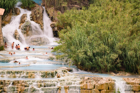 Saturnia, Italy - June 25, 2017: Natural spa with waterfalls in Saturnia, Tuscany, Italy.のeditorial素材