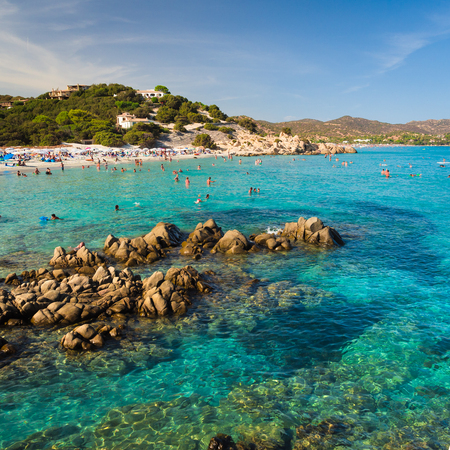 Villasimius, Italy - August 17, 2017: Transparent and turquoise sea in Porto Giunco, Villasimius. Sardinia, Italyのeditorial素材