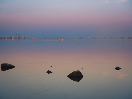 Notteri Pond famous for the presence of pink flamingos at dusk. Sardinia, Italy.の写真素材
