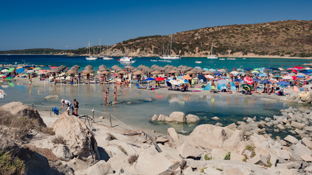 Villasimius, Italy - August 22, 2017: Transparent and turquoise sea in Punta Molentis, Villasimius. Sardinia, Italyのeditorial素材