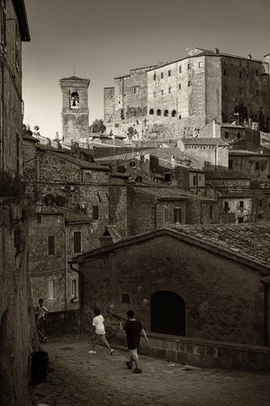 Sorano, Italy - May 23, 2017: Panorama of Sorano, a town built on a tuff rock, one of the most beautiful villages in Italy.のeditorial素材