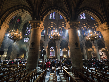 Paris, France - January 7, 2018: Interior of Cathedrale Notre Dame, medieval Catholic cathedral.のeditorial素材