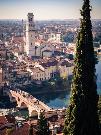 Verona Cathedral and stone bridge seen from the square of Castel San Pietro.のeditorial素材