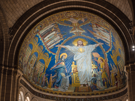 Montmartre, Paris - January 5, 2018: Columns and mosaic ceiling with sacred images inside the sacre-coeur church in the Montmartre district, Paris.のeditorial素材