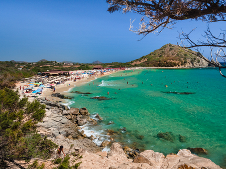 Villasimius, Italy - August 18, 2017: Transparent and turquoise sea in Cala Sinzias, Villasimius. Sardinia, Italyのeditorial素材