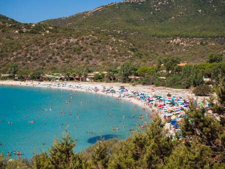 Villasimius, Italy - August 18, 2017: Transparent and turquoise sea in Cala Sinzias, Villasimius. Sardinia, Italyのeditorial素材