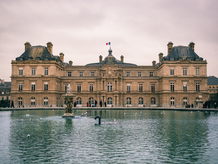 Paris, France - January 7, 2018: View of the Luxembourg palace, inside the public garden of the same name, one of the largest in Paris.のeditorial素材