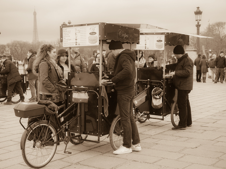 Paris, France - January 6, 2018: Street vendors of crepes in Place de la Concorde, Paris.のeditorial素材