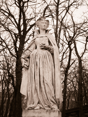 Paris, France - January 7, 2018: Stone statue representing Marie de Médicis in the Luxembourg gardens, one of the largest public parks in Paris.のeditorial素材