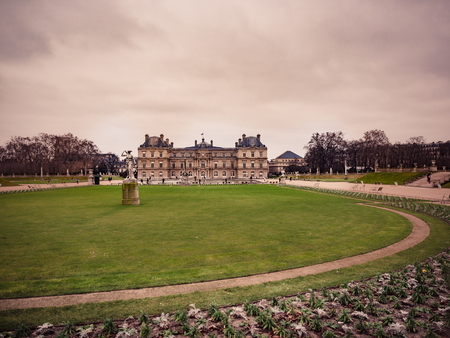 Paris, France - January 7, 2018: View of the Luxembourg palace, inside the public garden of the same name, one of the largest in Paris.のeditorial素材