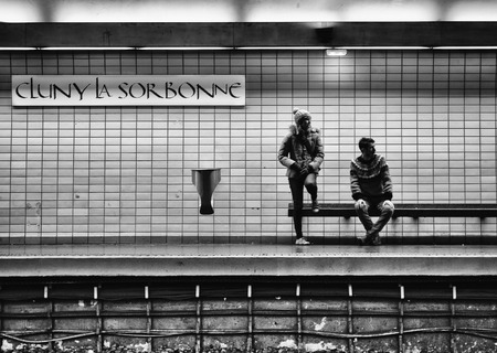 Paris, France - January 7, 2018: Passengers waiting for the train at the metro station of cluny la sorbonne, Paris.のeditorial素材