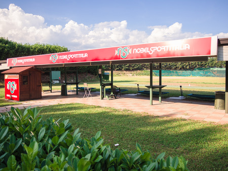 Verona, Italy - June 4, 2017: Shooting range for clay pigeon shooting competition.のeditorial素材