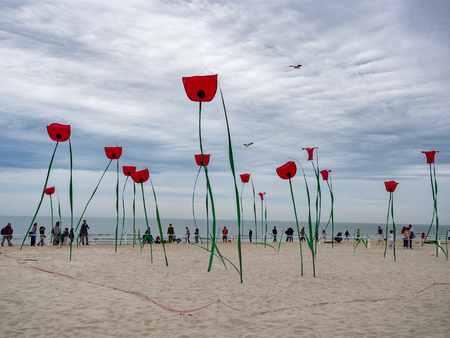 Cervia, Italy - May 1, 2018: Decorations in the shape of giant poppies on the seashore at the international kite festival.の写真素材