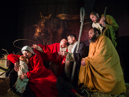 Villaga, Italy - December 30, 2017: Representation of the nativity recreating the famous paintings of Giotto and Caravaggio.のeditorial素材