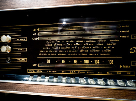 Padova, Italy - April 2, 2018: Detail of an old wooden valve radio.のeditorial素材