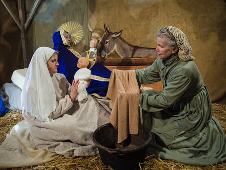 Villaga, Italy - December 30, 2017: Representation of the nativity recreating the famous paintings of Giotto and Caravaggio.のeditorial素材