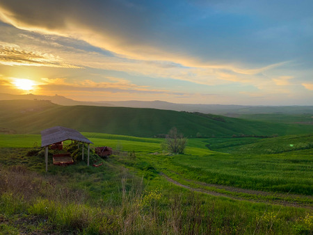 Landscape at sunset. Sinuous green hills at dusk.の写真素材